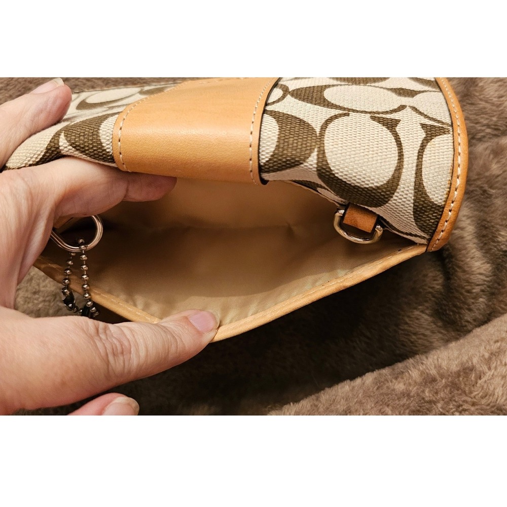 Coach Signature Canvas Trifold Wallet Crossbody Bag Khaki Brown Tan Leather - Picture 8 of 15